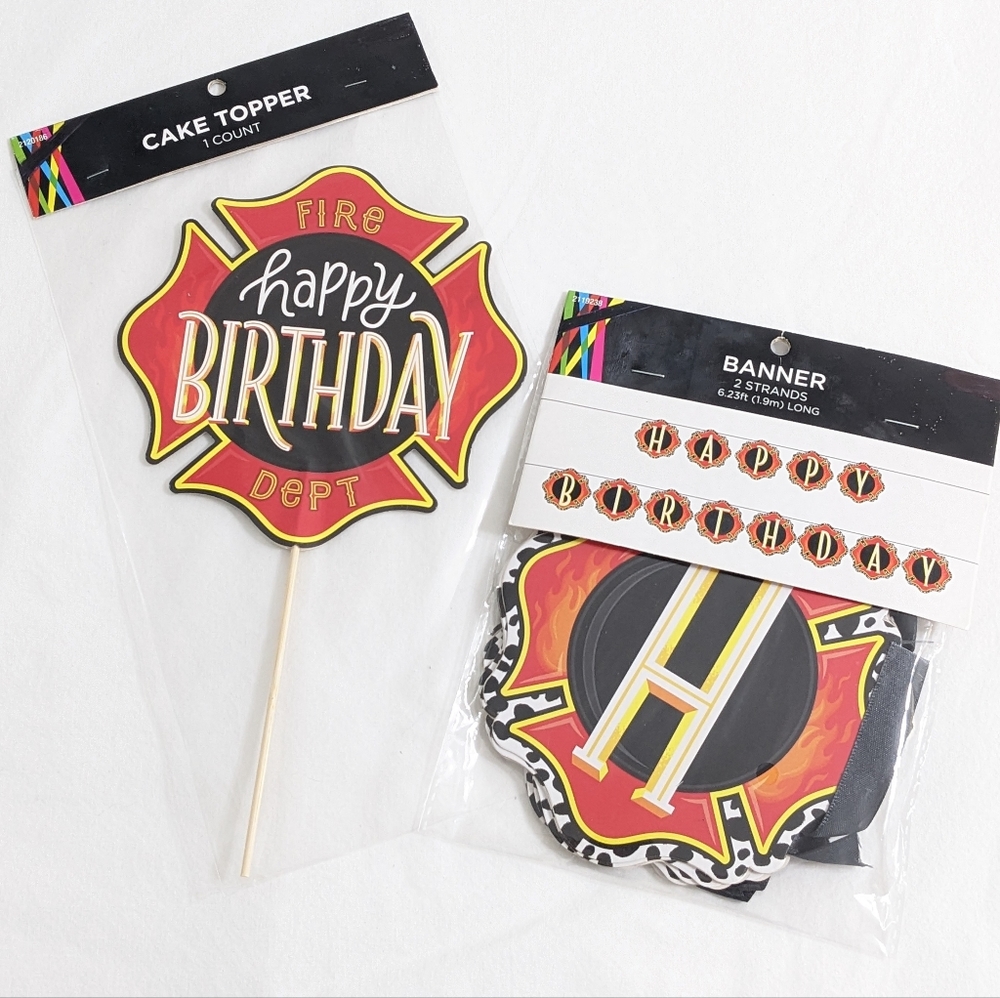 Fire Department Firefighter Birthday Decorations (Cake Topper and Banner), NEW
